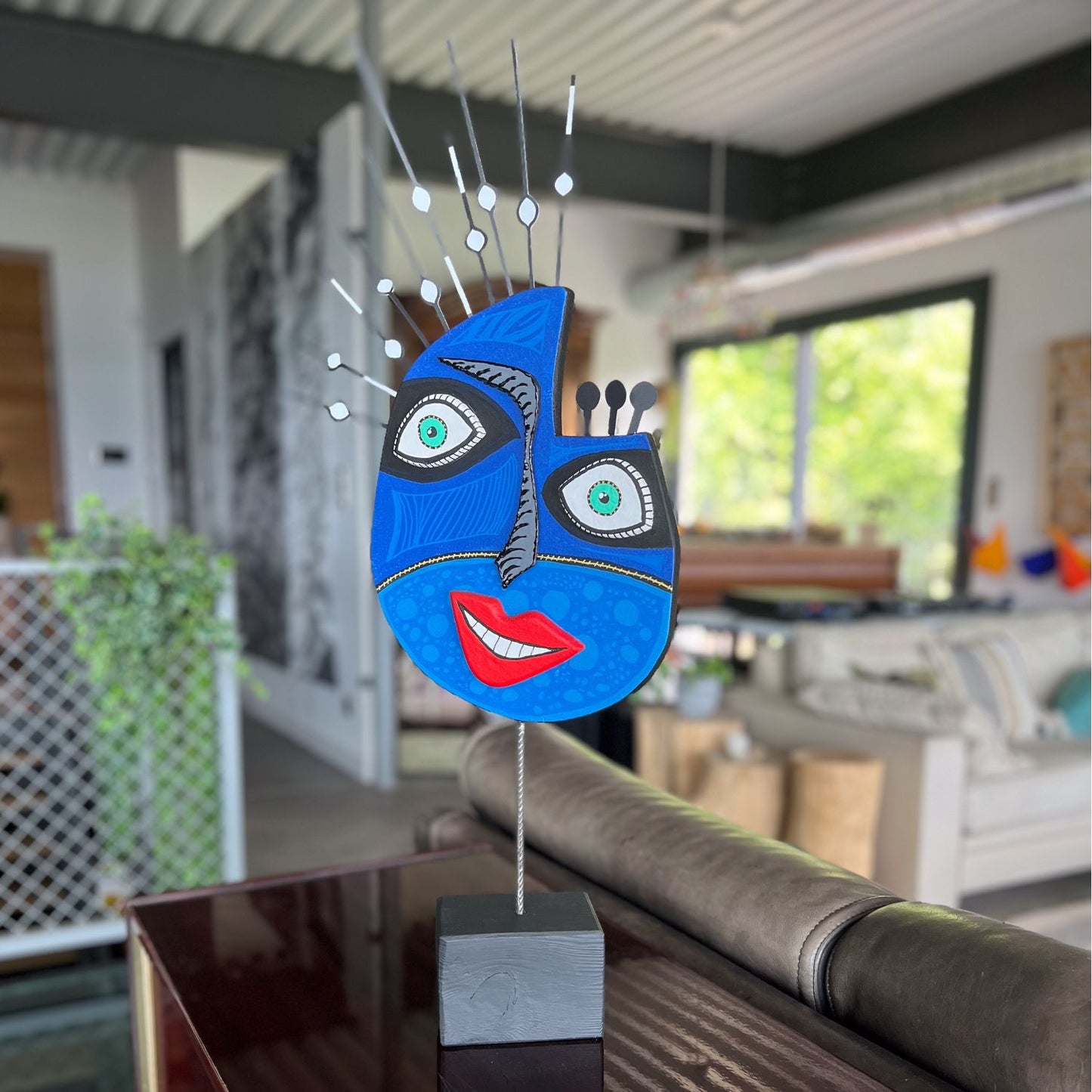 Totem Sculpture Masque Bleu Océan